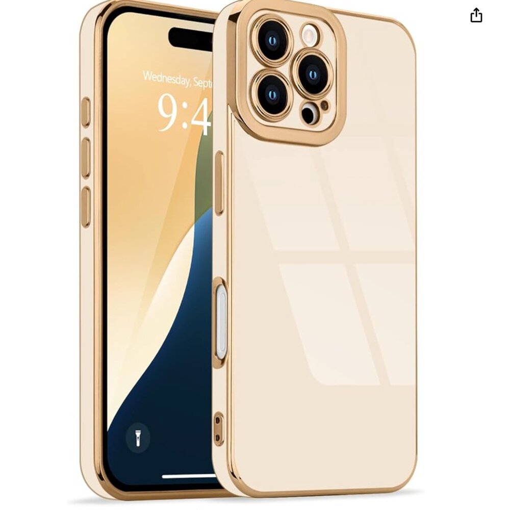 iPhone 16 Pro Case Cute Luxury White & Gold Edge Bumper Cover, Camera Protection